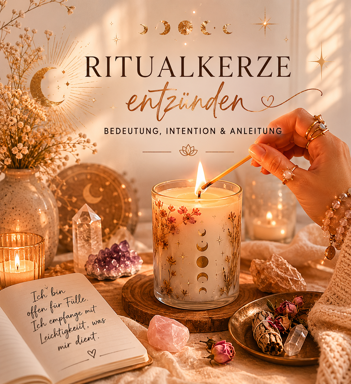 Ritualkerze entzünden – Hand zündet eine Sojawachskerze mit Mondphasen und botanischen Blüten an, umgeben von Amethyst, Rosenquarz, Salbei und einem Intentions-Journal