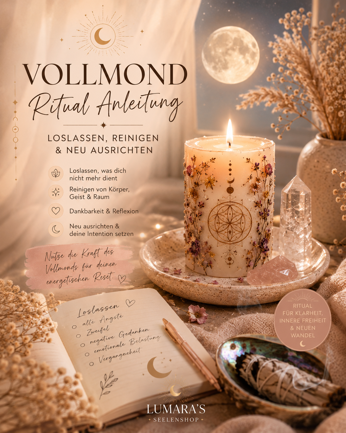 Vollmond Ritual Anleitung mit Ritualkerze, Räucherwerk und Kristallen – spirituelles Vollmondritual zum Loslassen, Reinigen und neu Ausrichten im warmen Boho Stil von LUMARA’S Seelenshop