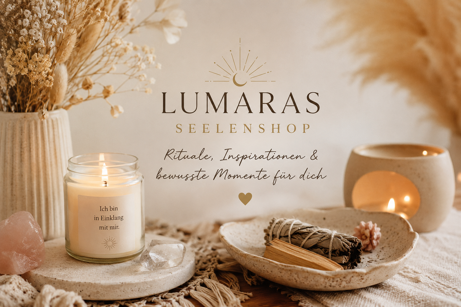 Brennende Ritualkerze mit Kristallen für Manifestation und spirituelle Rituale – handgemacht von LUMARA